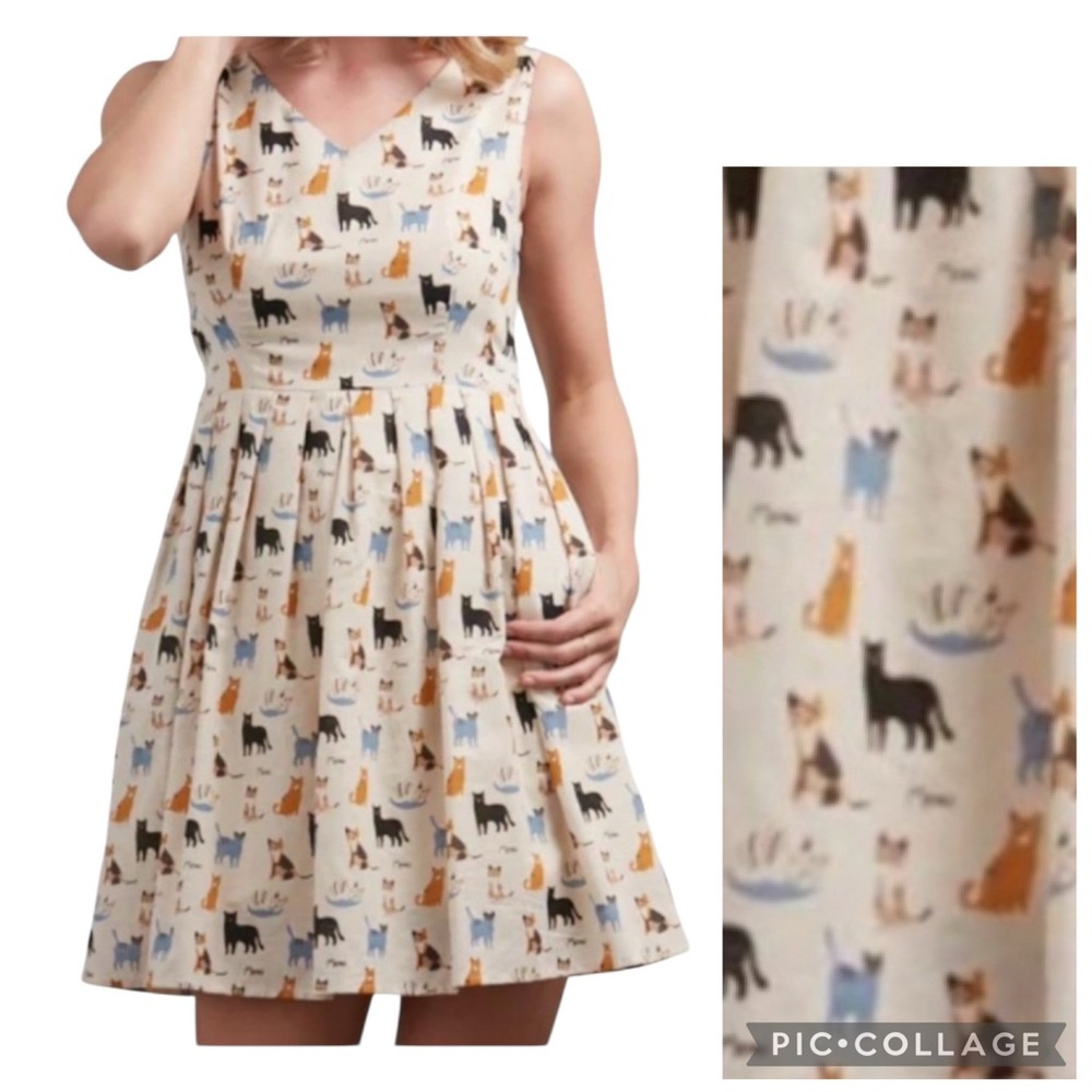 SM Wardrobe Whimsical Cream Dress Multicolor Cat Print Attached Belt.   Sz XL
